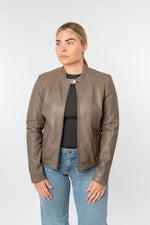 Women's taupe lambskin leather jacket with tone-on-tone embroidered shoulders - Image n°8