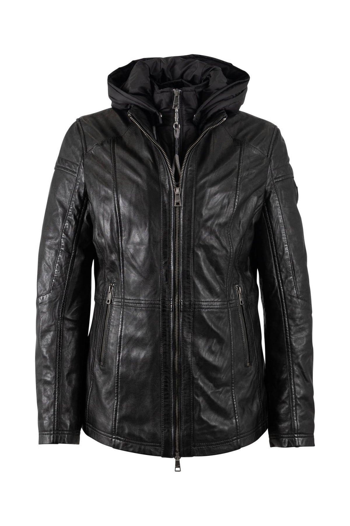 Mid-length black lambskin women's jacket with detachable hood - Image n°1