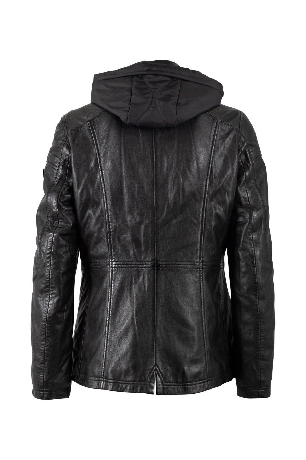 Mid-length black lambskin women's jacket with detachable hood - Image n°2
