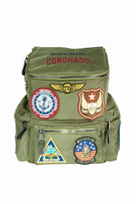 Khaki nylon backpack with embroidered patches - Image n°1