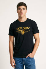 Black textile T-shirt with yellow logo - Image n°1