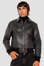 Black horsehide leather “Asbury Park” bomber jacket - Image n°3