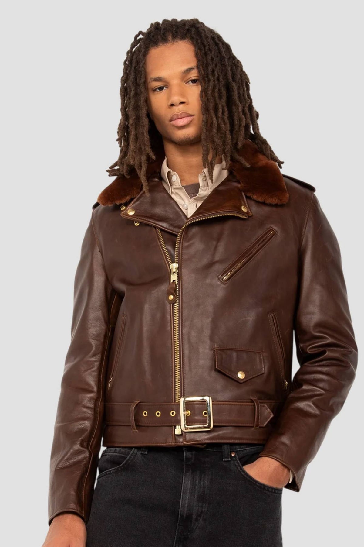 Brown Perfecto® jacket with removable collar, supple Horween horsehide - Image n°15