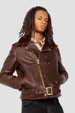 Brown Perfecto® jacket with removable collar, supple Horween horsehide - Image n°13