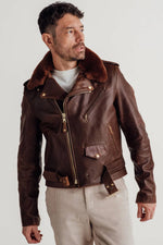 Brown Perfecto® jacket with removable collar, supple Horween horsehide - Image n°1