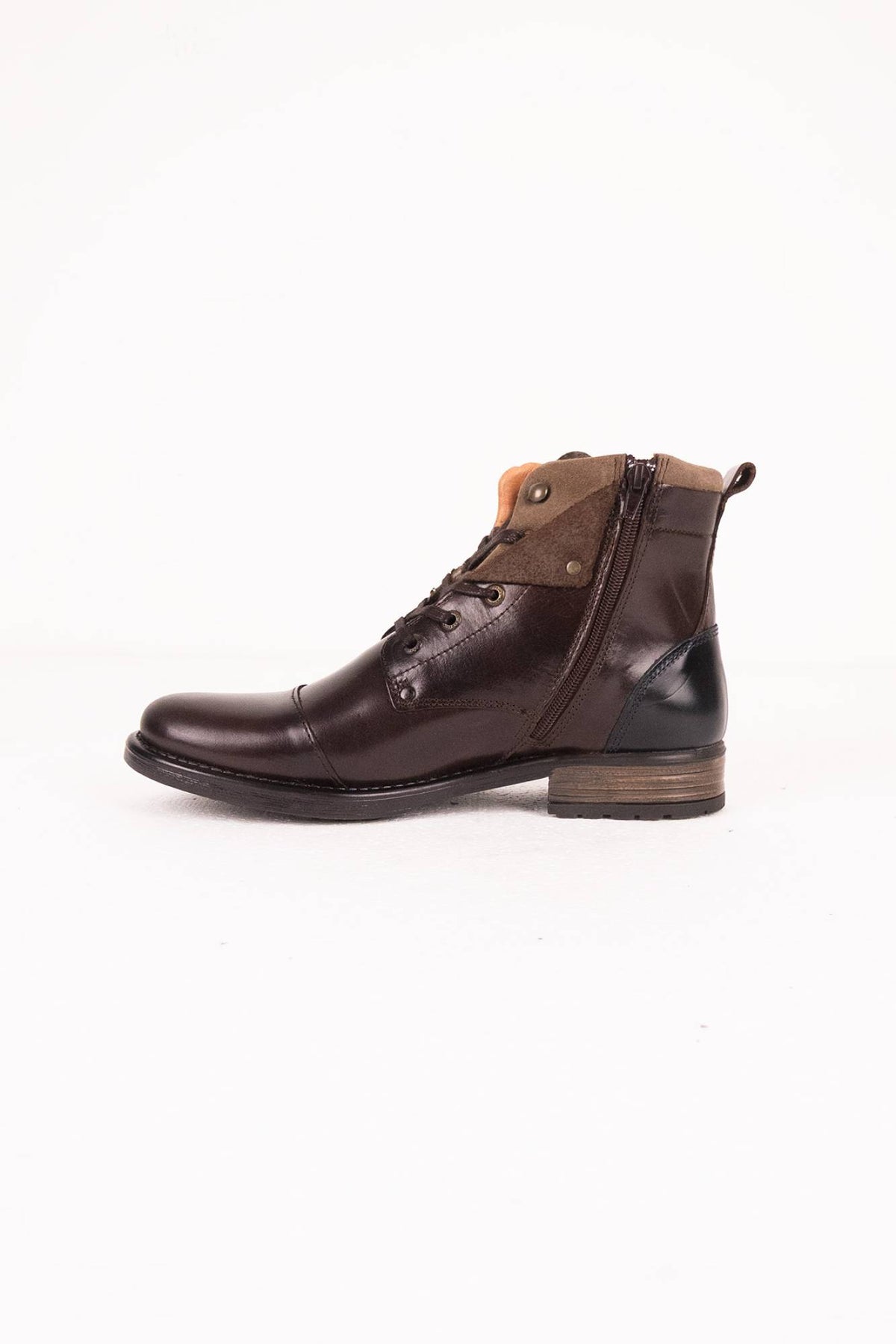Chestnut and navy blue leather lace-up boots with cuff - Image n°4