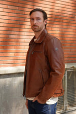 Cognac leather shirt-collar jacket for men - Image n°2