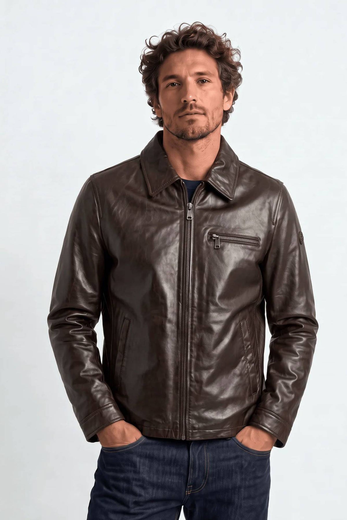Brown leather jacket with shirt collar for men - Image n°1