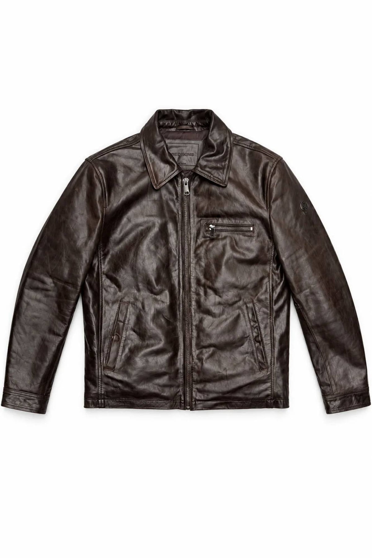 Brown leather jacket with shirt collar for men - Image n°2