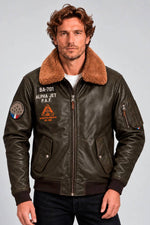 Khaki leather flight jacket with removable sheepskin fur collar - Image n°1
