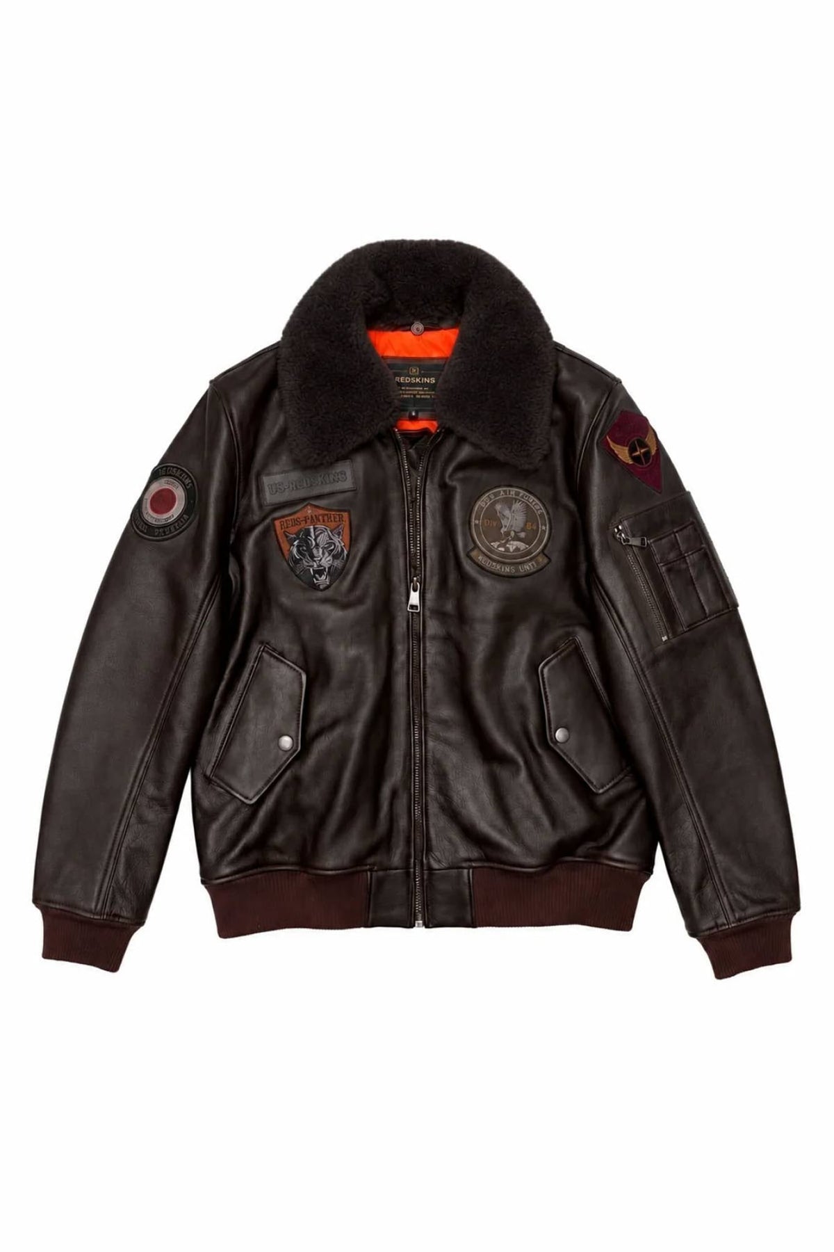 Brown leather flight jacket with aviation patches - Image n°2
