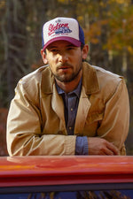 Blue, white and red trucker cap with embroidered retro racing illustration - Image n°2