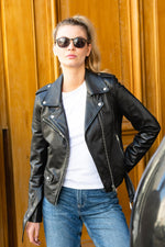 Lambskin biker: skinny cut, zips and belt. Lightweight, rock-chic. - Image n°1