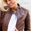 Women's leather jackets with round neck