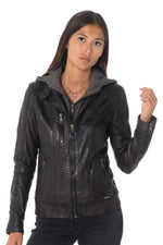 Women's black leather jacket with cityzen hood - Image n°1