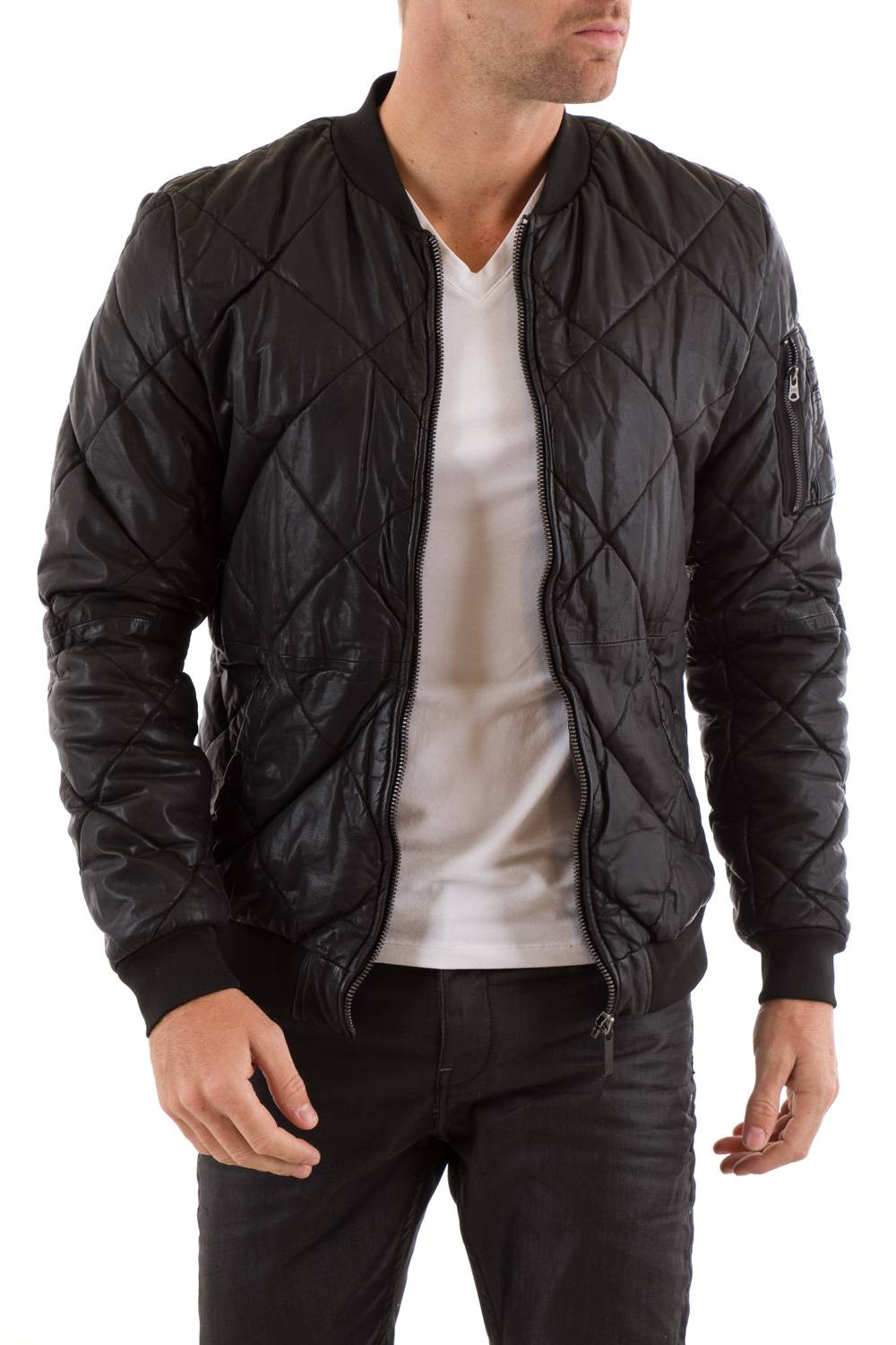 Scotch and Soda Gridded Teddy style leather jacket Black - Image n°2