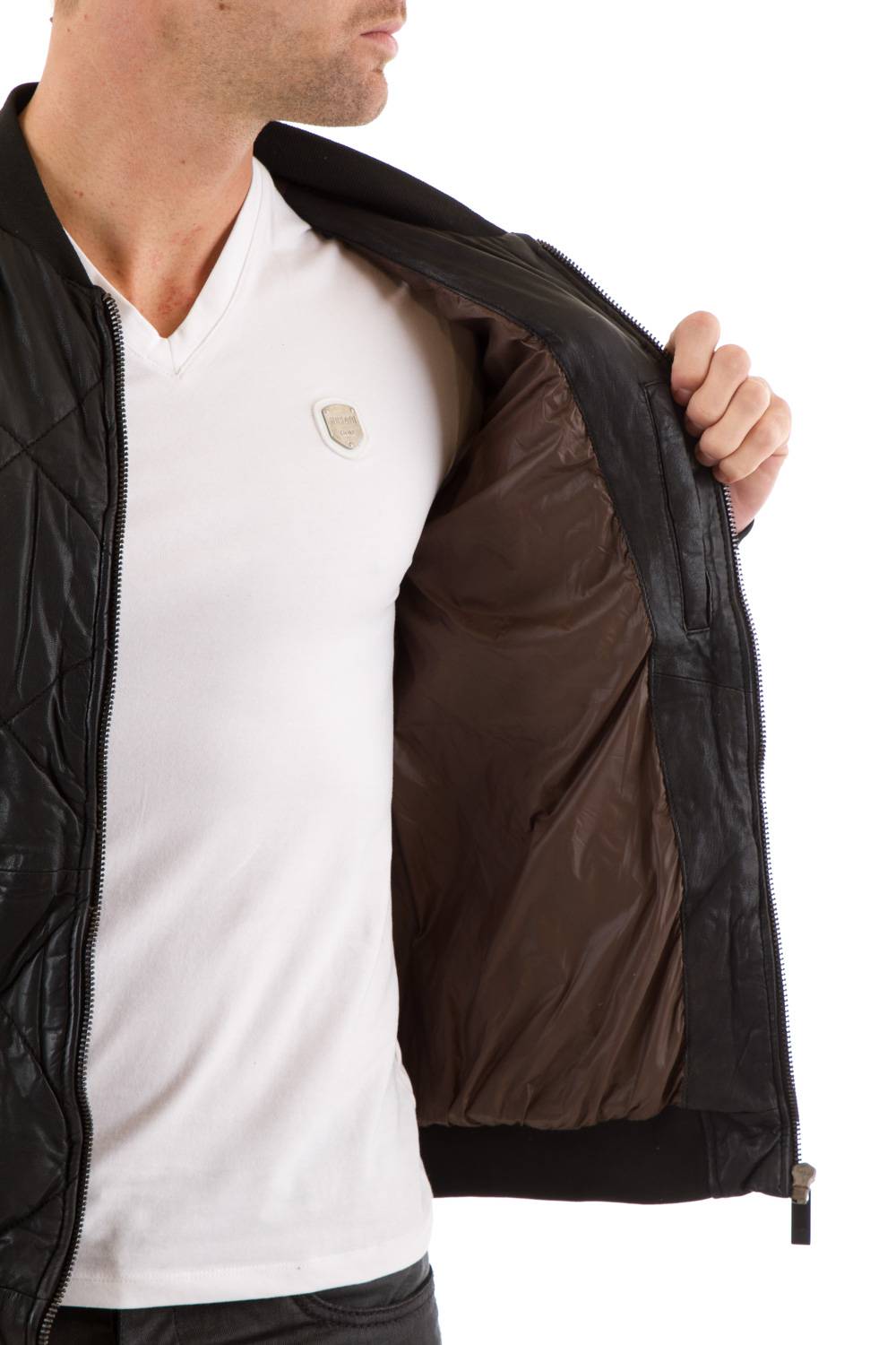 Scotch and Soda Gridded Teddy style leather jacket Black - Image n°4