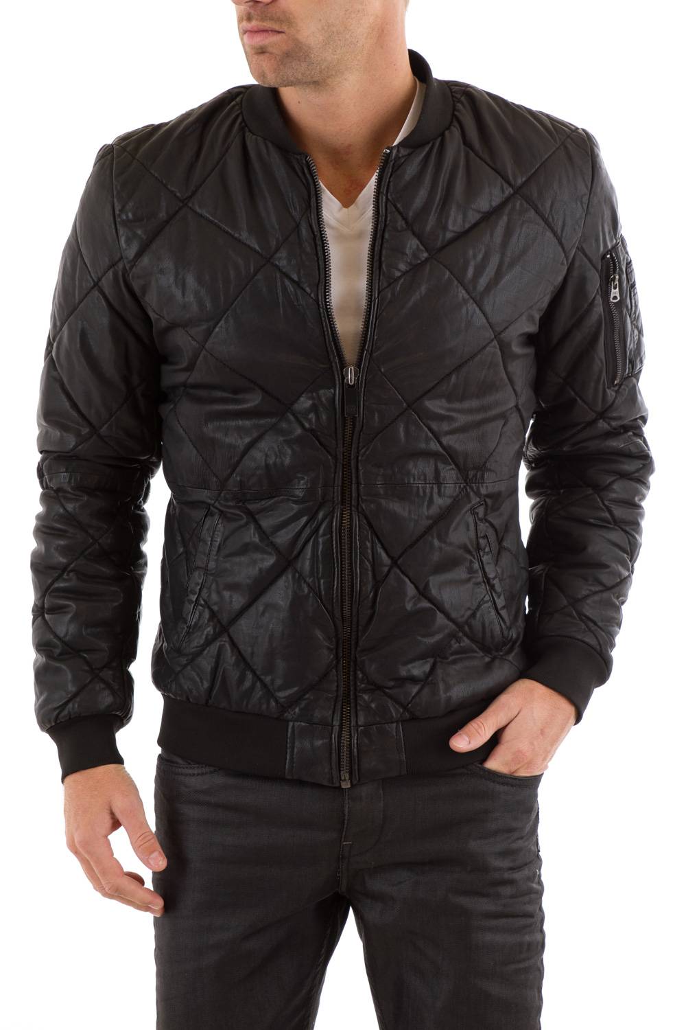 Scotch and Soda Gridded Teddy style leather jacket Black - Image n°1