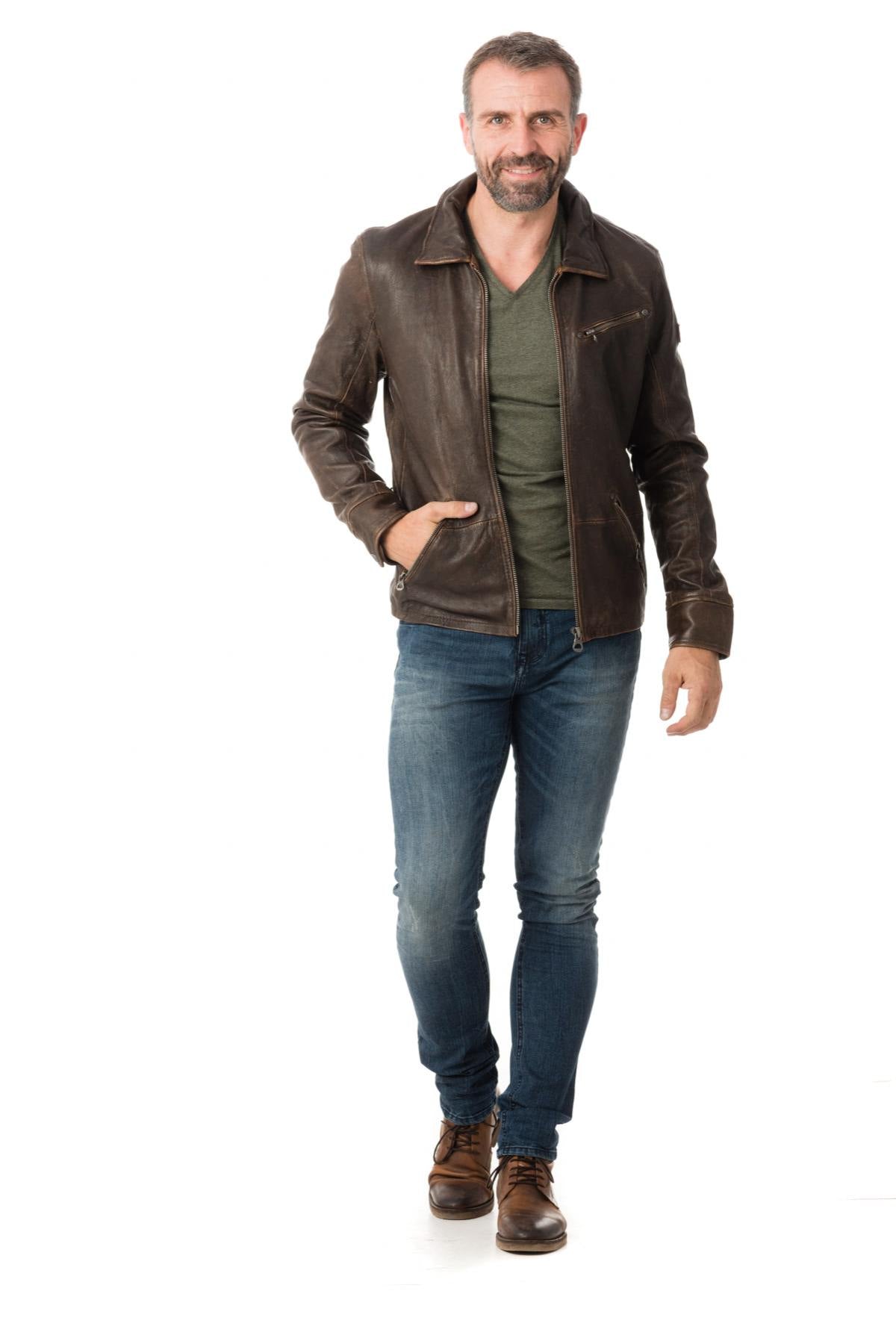 Shirt collar jacket in aged effect lambskin - Image n°2