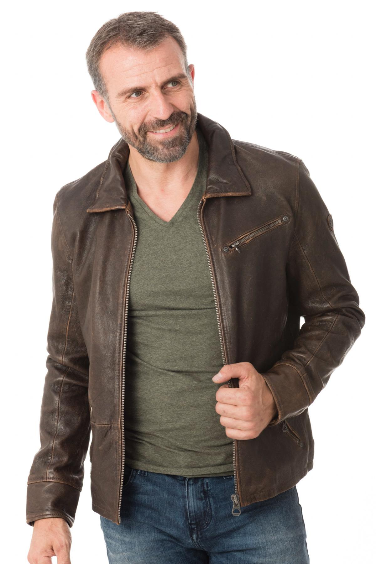 Shirt collar jacket in aged effect lambskin - Image n°6