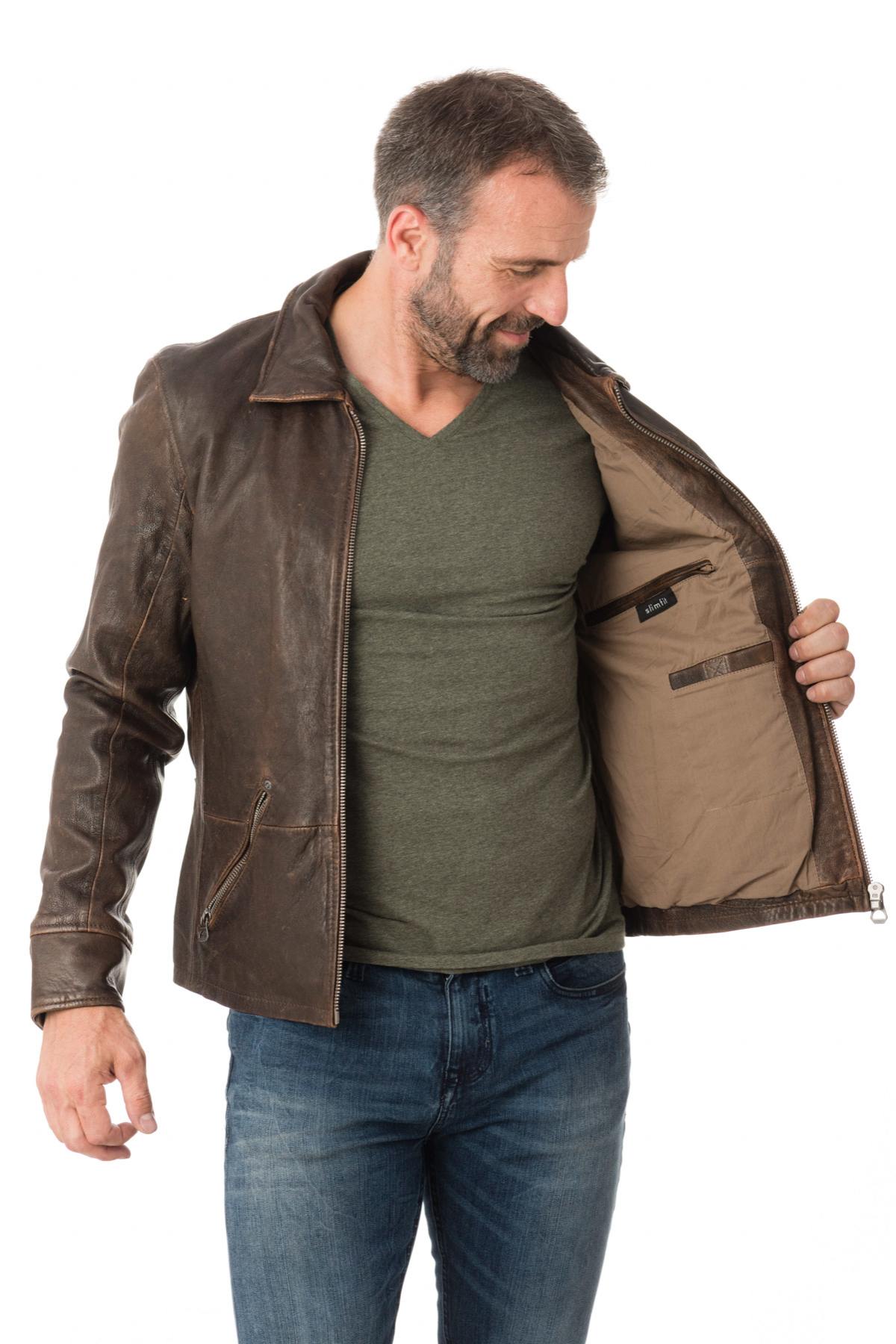 Shirt collar jacket in aged effect lambskin - Image n°7