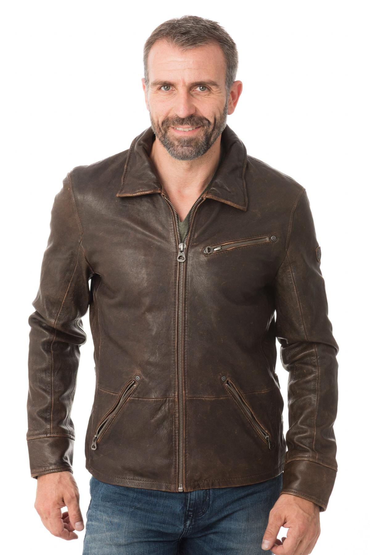Shirt collar jacket in aged effect lambskin - Image n°1