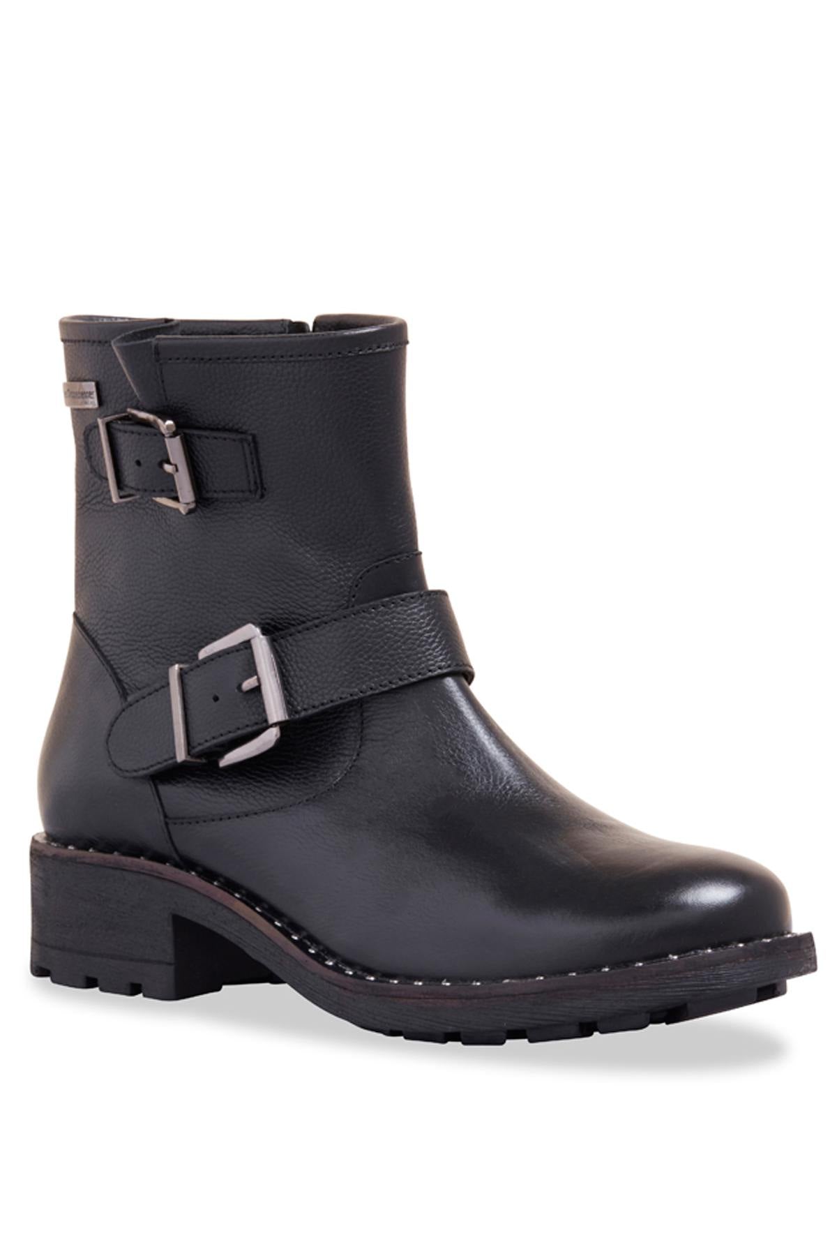 Women's low biker boots in black leather - Image n°1