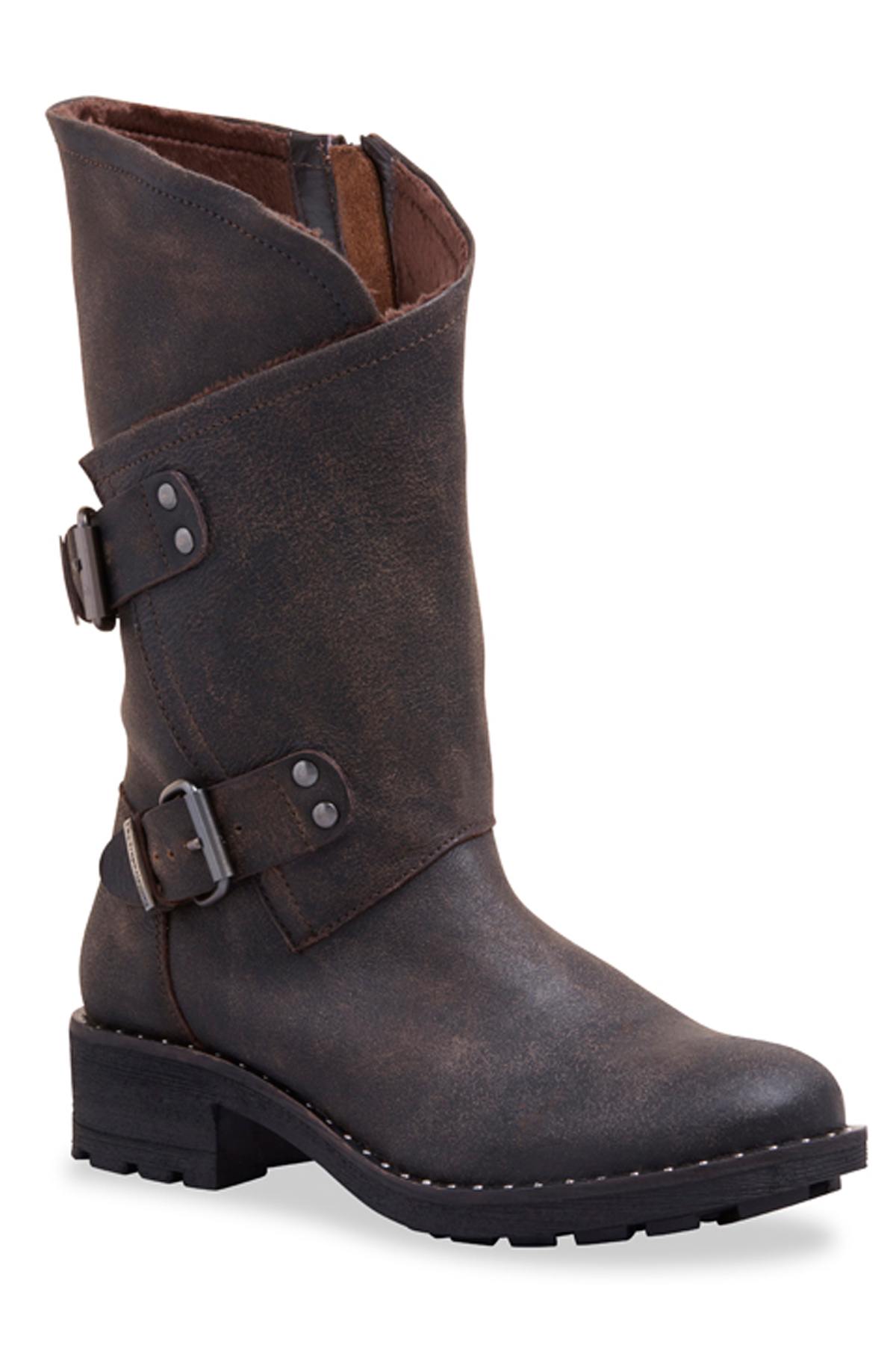 Distressed brown cowhide leather biker boots - Image n°1