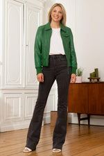 Green leather shirt collar jacket - Image n°2