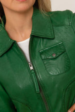 Green leather shirt collar jacket - Image n°5