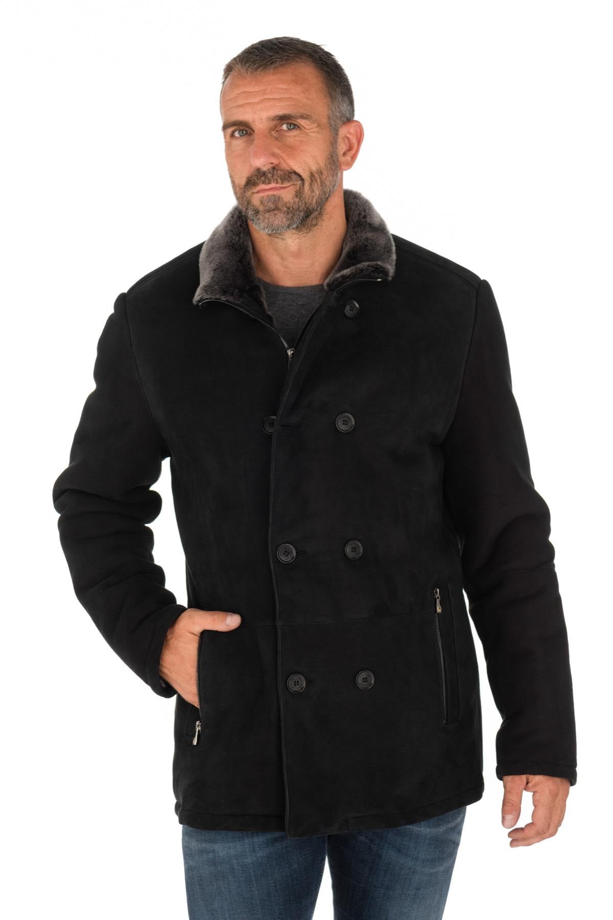 Black men's shearling peacoat - Image n°1