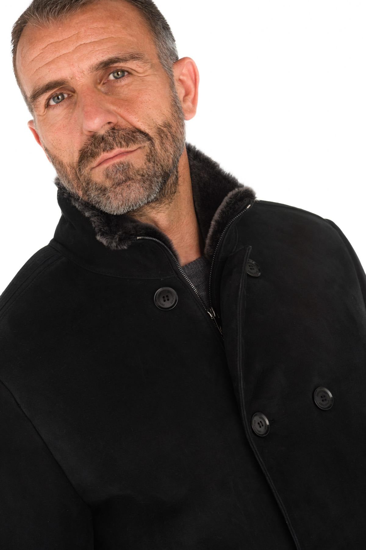 Black men's shearling peacoat - Image n°4