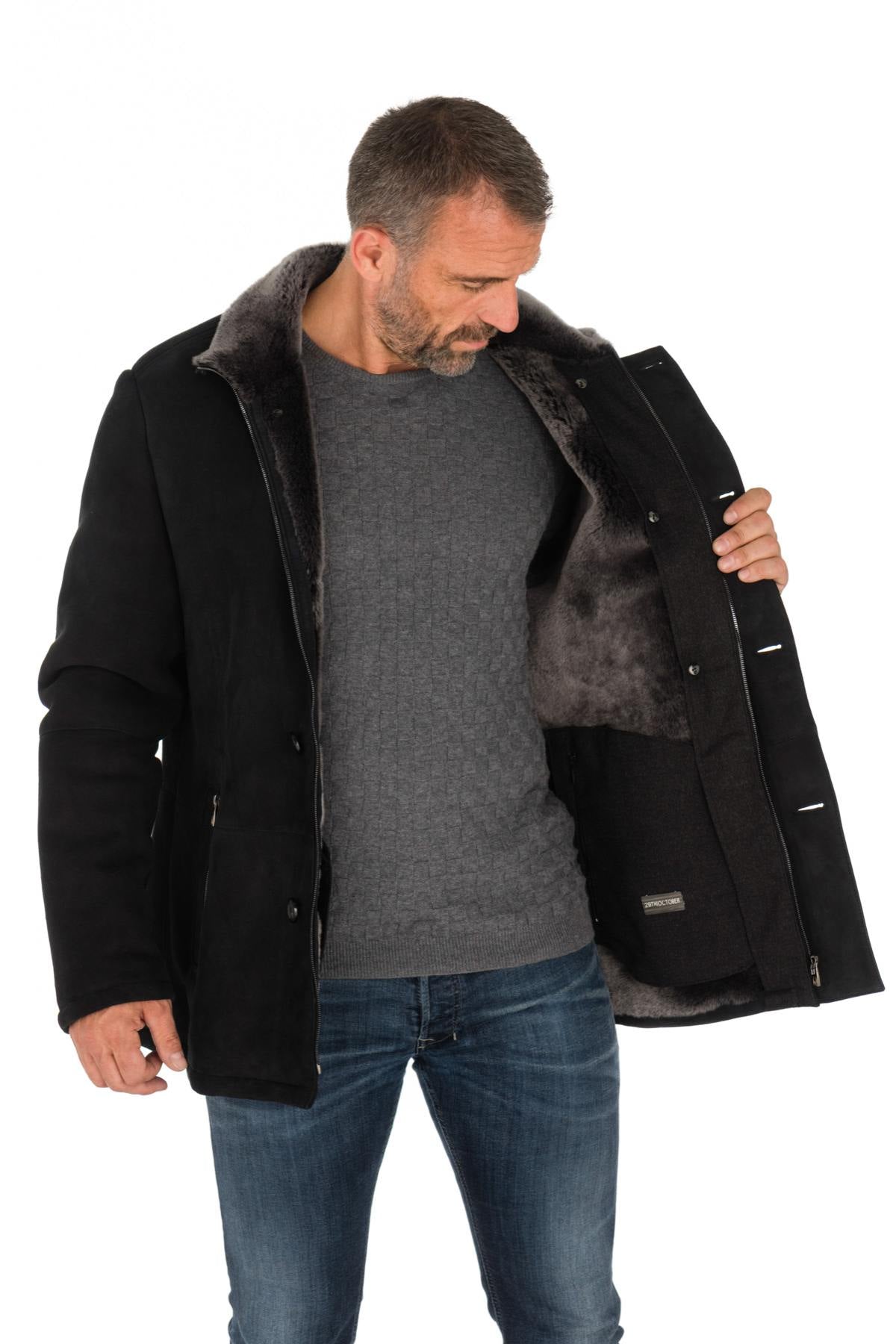 Black men's shearling peacoat - Image n°6