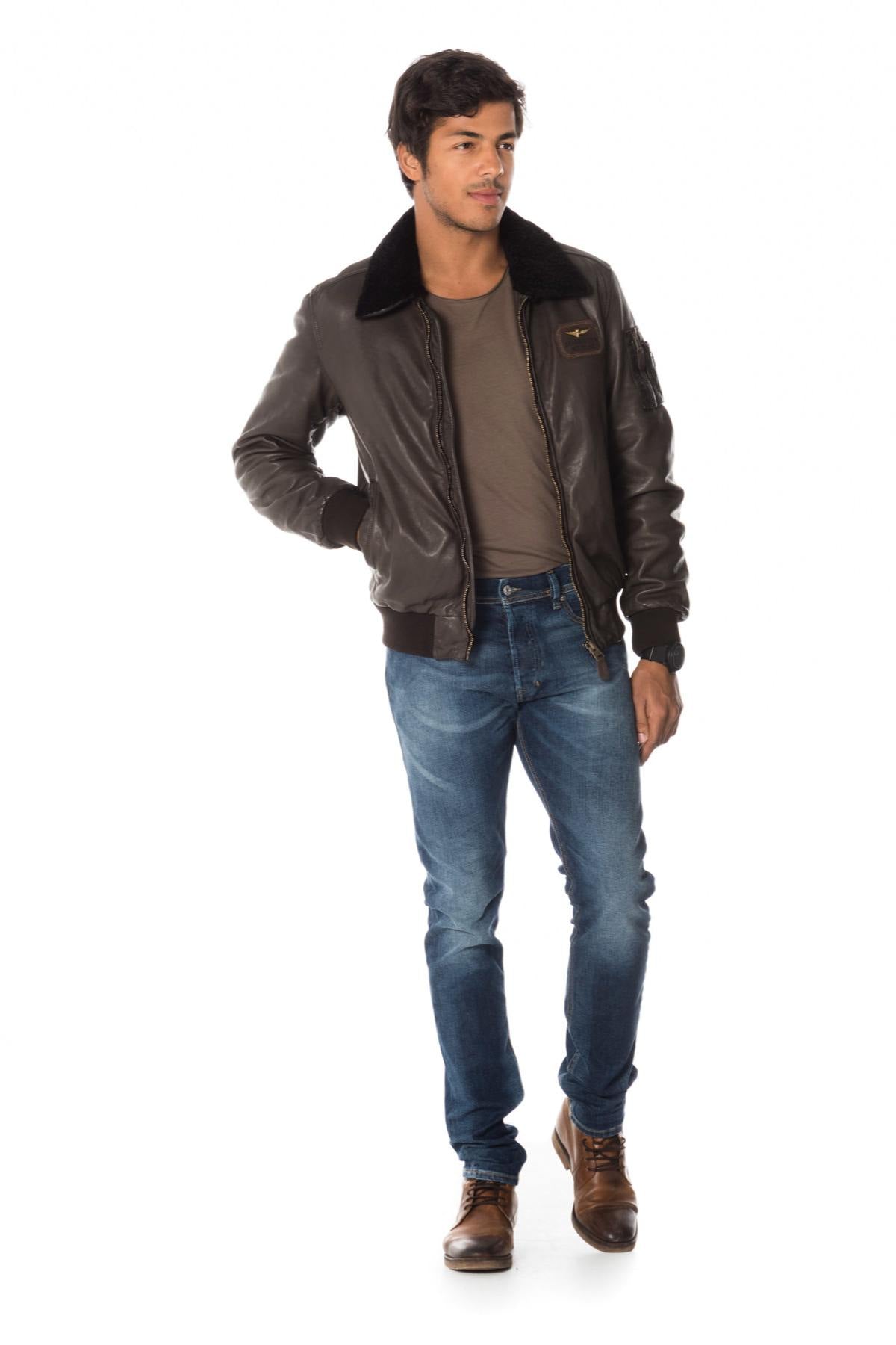 Gray sheepskin leather bomber jacket - Image n°2