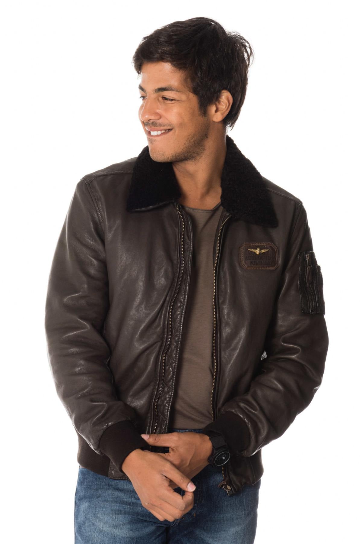 Gray sheepskin leather bomber jacket - Image n°1