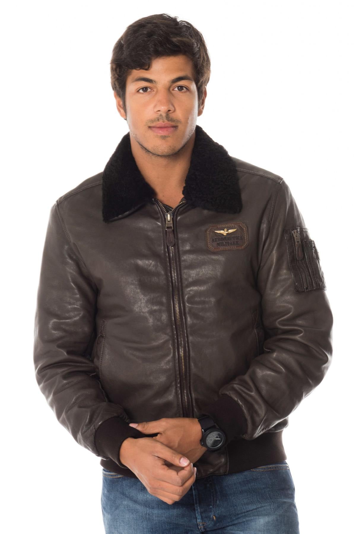 Gray sheepskin leather bomber jacket - Image n°4