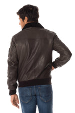 Gray sheepskin leather bomber jacket - Image n°6