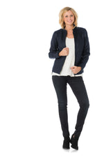 Women's navy blue leather mandarin collar jacket - Image n°2