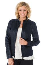 Women's navy blue leather mandarin collar jacket - Image n°3