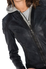  Navy blue sheepskin leather jacket with hood - Image n°5
