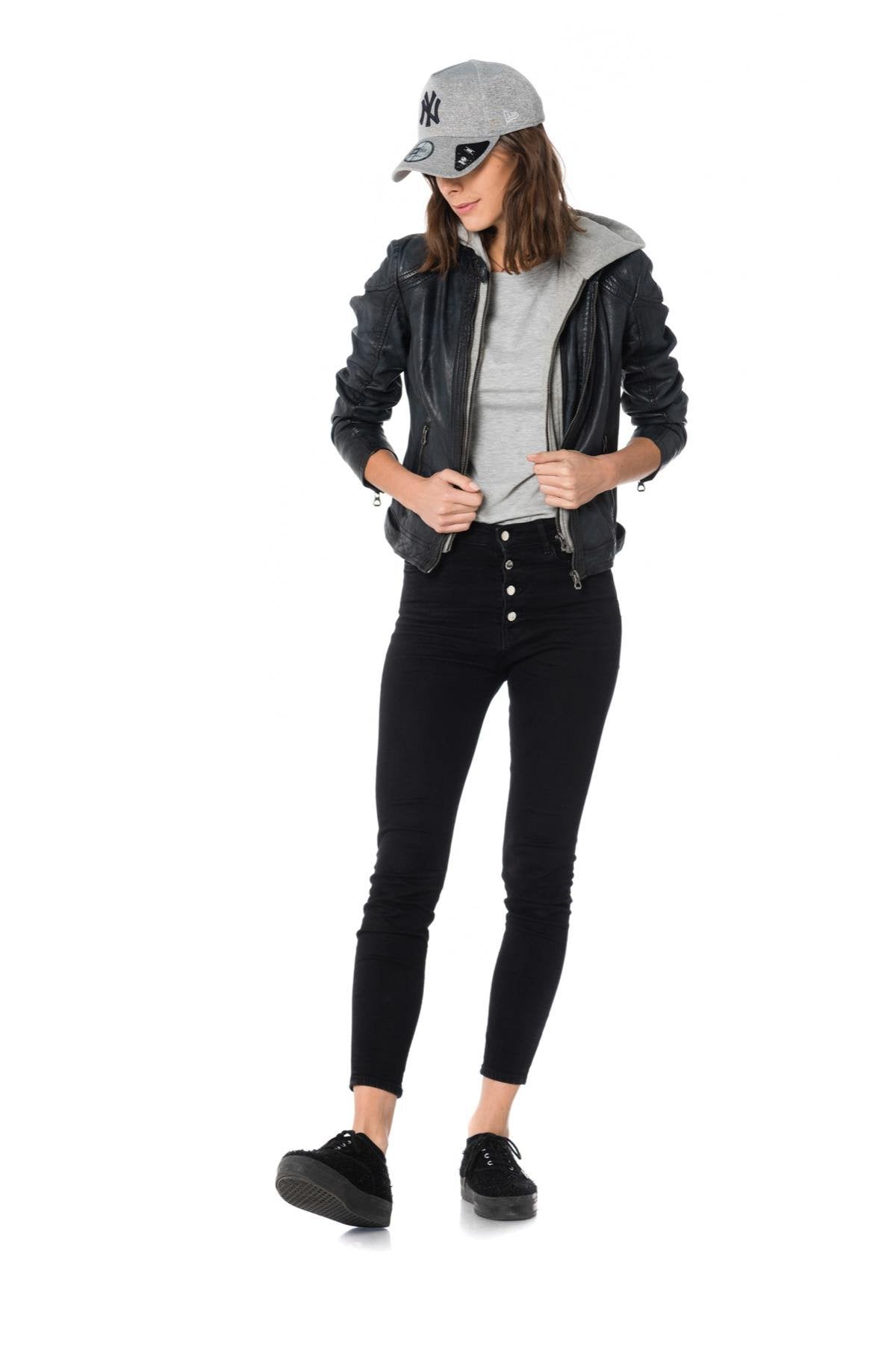  Navy blue sheepskin leather jacket with hood - Image n°2