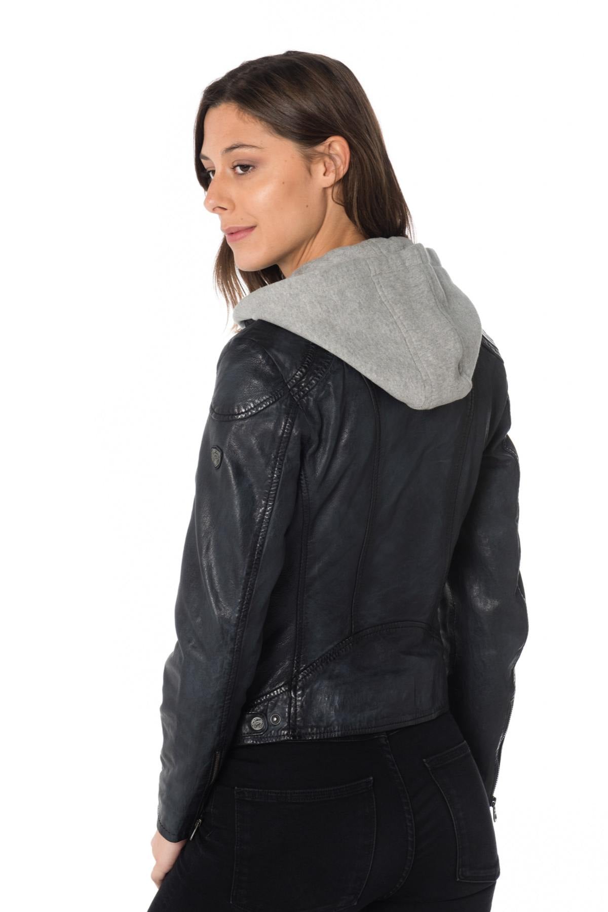  Navy blue sheepskin leather jacket with hood - Image n°7