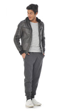 Olive-colored leather jacket with hood - Image n°2