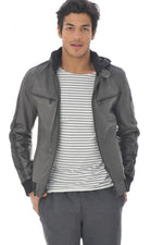 Olive-colored leather jacket with hood - Image n°1