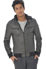 Olive-colored leather jacket with hood - Image n°4