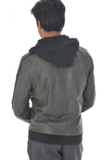 Olive-colored leather jacket with hood - Image n°5