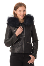 Lambskin leather jacket with multicolored raccoon fur - Image n°1