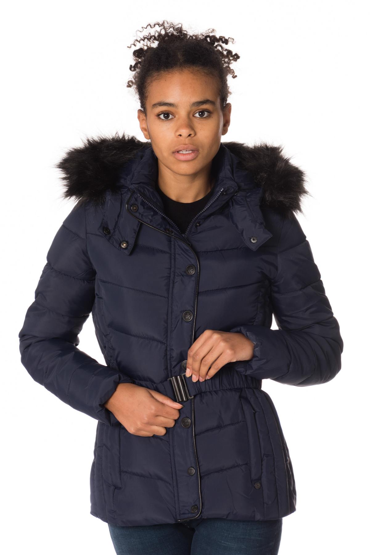 Women's navy blue down jacket with belt - Image n°4