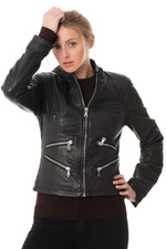 Women's Korintage Leather Biker Collar Jacket Black - Image n°4