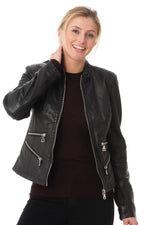 Women's Korintage Leather Biker Collar Jacket Black - Image n°1